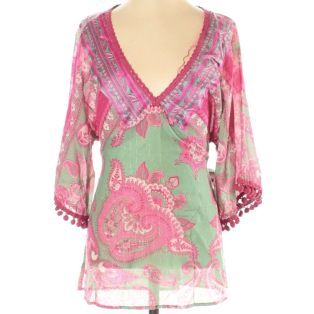 Pink and Teal Paisley Blouse with Pom-Poms